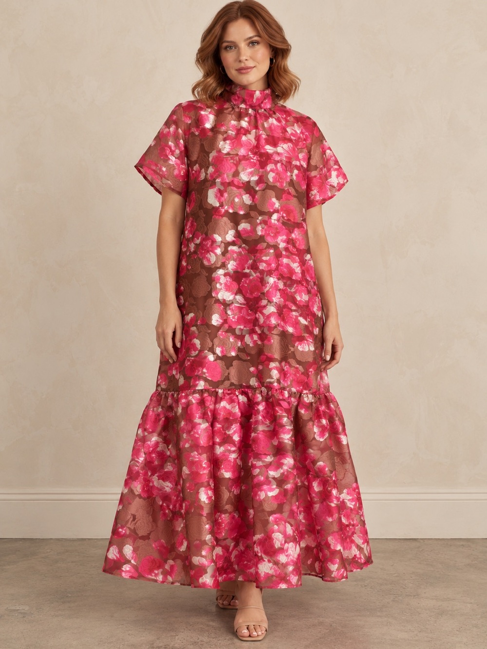 Sugarlips Pink & Brown Floral High-Neck Tiered Maxi Dress